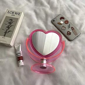 1Pc Acrylic Double Side Makeup Mirror Cute Heart Shaped Cosmetic Mirror, Transparent Base Home Bedroom Desktop Make Up Mirror (Red)