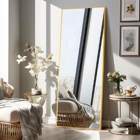 64"x25" Full Length Mirror with Stand, Aluminum Alloy Thin Frame Full Body Floor Mirror - Can Hang or Lean Against Wall, Mirror Full Length with Shatter-Proof Glass (Gold)