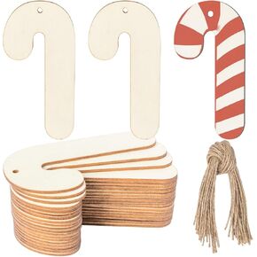Candy Cane Wooden Christmas Blank Wood with Twines Art Unfinished Ornaments for Christmas Wedding Birthday Party Christmas Thanksgiving Day Decoration 20Pcs