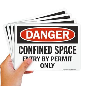 SmartSign (Pack of 4) 5 x7 inch “Danger - Confined Space Entry by Permit Only" OSHA Sticker Labels, 5 mil Laminated Polyester with SuperStick Adhesive, Red, Black and White, Made in USA