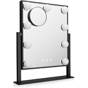 MoNiBloom Hollywood Vanity Mirror with Lights, 14.5"x12" Tabletop Mirror with 9 LED Dimmable Bulb 3 Color Adjustable, Smart Touch Sensor Plug-in Lighted Makeup Mirror with Detachable 10x Magnification