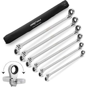 DISEN Upgraded Double Jointed Extra Long Flex Head Ratchet Wrench Set, 6 PCS Metric 8-19mm Box End Ratcheting Wrench set with Magnetic Pickup Tool, 72-Teeth, Cr-V Steel,12 Point, Grey Nickel