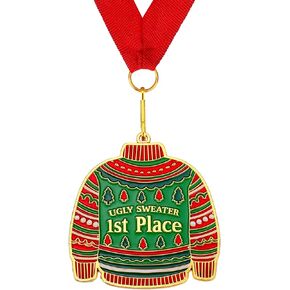 Christmas Ugly Sweater Medal Award 1st Place Medals for Ugliest Sweater Contest Ugly Sweater Trophy Ugly Sweater Prizes with Neck Ribbon for Xmas Party Christmas Tree Ornament, 2.36 x 2.36 Inches