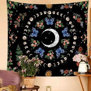 Avinyl Blue Butterfly Moon Wall Tapestry for Bedroom, Boho Botanical Floral Moth Moon Phase Tapestries, Bohemian Vintage Flower Tapestries Aesthetic for Living Room Office Dorm 51in X 60in