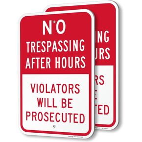 SmartSign No Trespassing After Hours Violators Prosecuted Sign - 2-Pack, 12" x 18", 80 mil Thick Aluminum Composite (ACM), Pre-Drilled Holes, Red and White, Made in USA
