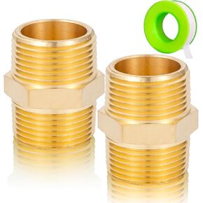 2PCS Brass Pipe Fitting, Brass Hex Nipple，Equal Connectors,1" NPT x 1" NPT Male Pipe Adapter with Teflon Tape