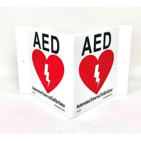 9" Width x 6" Height x 4" Depth Acrylic, Black/Red on White Standard AED "V" Sign