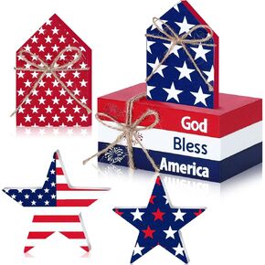 Blulu 5 Pcs Labor Day Table Decor Patriotic Tiered Tray Decorations Memorial Day Wooden Star Sign God Bless America Wood Blocks Independence Day Labor Day Faux Book Decor for Tabletop Bookshelf