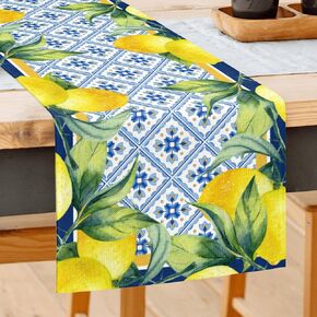 Lemon Table Runner Spring Summer Decorations Lemon Cyan Blue Table Runner 13x72 Inch Seasonal Italian Kitchen Decor for Indoor Outdoor Dinner Party Patio Decor, Housewarming Gifts