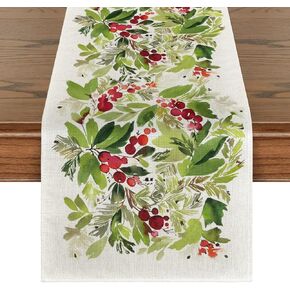 Artoid Mode Watercolor Holly Christmas Table Runner, Seasonal Winter Xmas Holiday Kitchen Dining Table Decoration for Indoor Outdoor Home Party Decor 13 x 72 Inch