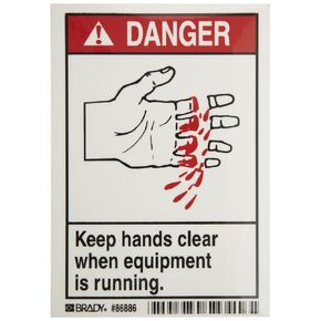 Brady 86886 3-1/2" Width x 5" Height, B-302 High Performance Polyester, Black and Red on White Machine and Equipment Labels, Header "Danger", Legend "Keep Hands Clear When Equipment is Running", Pack of 5