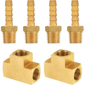 SUNGATOR 1/4" x 1/4" x 1/4" NPT Female Barstock Tee, 1/4" NPT x 1/4" Hose Barb Adapter, Brass Pipe Fittings and Air Hose Fittings (6-Pack)