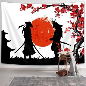Japanese Tapestry, Anime Samurai Tapestry Cherry Blossom Wall Art Tapestries, Asian Wall Art Aesthetic Home Decorations for Living Room Bedroom Dorm Decor Party Banner (60x40in)