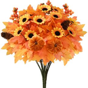 Waipfaru Fall Decor, 4 Pcs Fall Artificial Flowers Bouquet Fall Floral Stems with Pumpkins Maple Leaves for DIY Autumn Wedding Thanksgiving Home Kitchen Table Decoration（Orange）