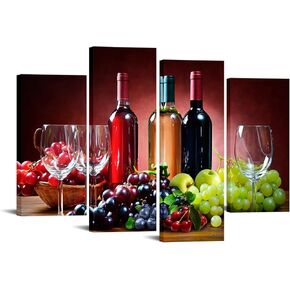KREATIVE ARTS 4 Panel Kitchen Wall Decor Still Life with Glaasses of Red and White Wine and Grapes in Field Canvas Art Prints Giclee Framed Ready to Hang for Dinning Room 48x33inch