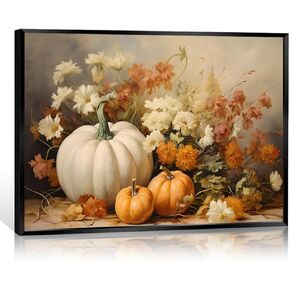 Wodkodnxy Farmhouse Fall Canvas Wall Art, White Orange Pumpkins Still Life Painting Pictures, Rustic Farm Daisy Flower Posters, Halloween Thanksgiving Autumn Wall Print Decor 12x16in Unframed