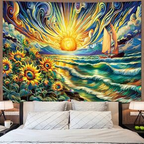 Amonercvita Trippy Sun Tapestry Sunflowers Tapestry Hippie Wave Tapestry Sea Beach Landscape Wall Hanging Magical Clouds Tapestry Sailing Boat Wall Tapestry for Living Room