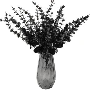 TIHOOD 38PCS 15" Black Artificial Eucalyptus Stems Faux Halloween Flowers Eucalyptuses Real Touch Leaf Centerpiece Home Decor