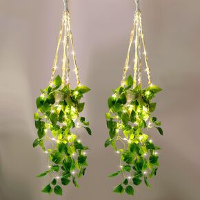 2 Set Fake Hanging Plants with Lights Artificial Hanging Plant with Pots and 29'' Macrame Plant Hanger Fake Plants Faux Hanging Plants Indoor Fake Vines for Wall Ceiling Bedroom Office Decor