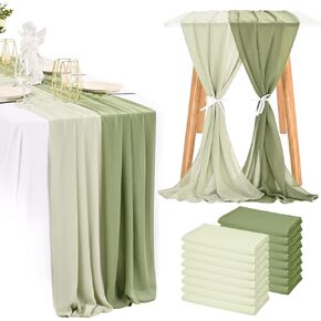 8 Pieces Chiffon Table Runner 10Ft, 27x120 Inch Campsite & Sage Green Sheer Wedding Decorations Boho Table Runner for Wedding Rustic Boho Wedding Party Decor Bridal Shower Birthday Holiday Decoration