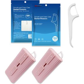 Floss Pick Holder 2 Case with 20PCS Flossers,Refillable Floss Holder,Portable Floss Dispenser for Home,Travel,Dating Teeth Clean with 100PCS Adult Dental Flossers Refills (A-Pink)