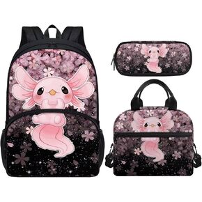 ZFRXIGN Flower Axolotl Backpack for Girls School Bags and Lunch Box Kids Schoolbag Primary Junior High School Bookbag Lunch Tote Pencil Case Pink Cherry Blossom Flower