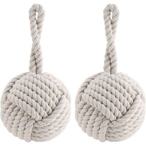 2 PCS Nautical Rope Knot Cotton Door Stop, Cream White Nautical Rope Ball Door Stopper, Heavy Knot Ball Door Stop, Decorative Weighted Door Stop Knot for Bedroom Living Room Doors