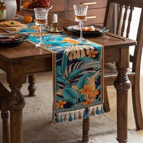 HOMMES 13 x 72 inches Luxury Thick Chenille Table Runner, Embroidery Jacquard Table Runners with Handmade Tassels for Dining Room Dresser Party Fireplace Decoration (Pattern 5, 13"X72"(4-6 Seats))