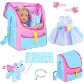 18 Inch Girl Doll Accessories with Doll Carrier Bag + Dress + 2 Hairpins + Blue Sticker + Bracelet + Toy Elephant (18 Inch Doll Accessories and Clothing)