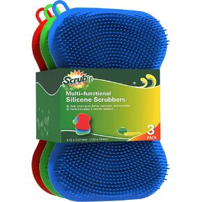 Silicone Scrubbing Pad Sponges by SCRUBIT - Real Silicon Non Scratch Kitchen Scrubber - Non Smell Cleaning Sponges for Kitchen Dishes - Reusable Soft Dish Sponge - Blue Red Green Pads (3 Pack)