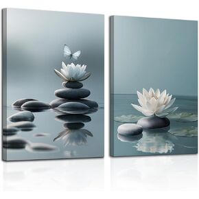CGXY Zen Stones Spa Wall Art White Lotus Floral Bloom on Stone in Water Picture for Zen Office Meditation Posters, Yoga Spa Meditation Spiritual Room Decor Modern Framed Spiritual Artwork 12"x16"x2