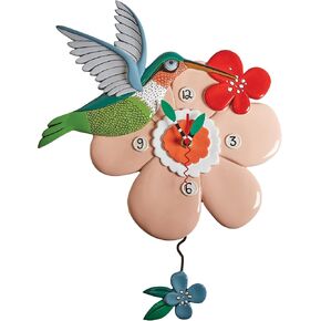 Enesco Allen Designs Pretty Hummingbird with Flowers Sculpted Pendulum Wall Clock, 12.6 Inch, Multicolor