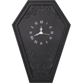 Coffin Shape Skull Clock,Gothic Theme Decor Wall Art Decorations for Indoor Bathroom Bedroom,Steampunk Baroque Black Resin,Dark Aesthetics Gift for Alternative Horror Lovers (AA Battery NOT Included)