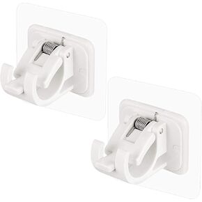 2Pcs White Nail-Free Adjustable Curtain Rod Holder Drill Curtain Rod Brackets No Drilling Clamp Hooks Rod Bracket Holders Glue Wall Curtain Fixed Clip Hanging Rack Hook Hangers for Bathroom Kitchen