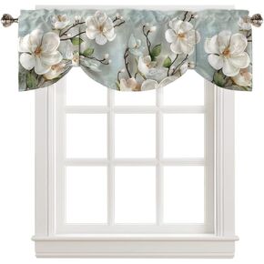 Magnolia Valances for Windows, Spring Magnolia White Flower Vintage Tie Up Valance Curtains Rod Pocket Light Filtering Short Window Valances for Kitchen Bathroom Living Room Bedroom, 60 x 18 Inch