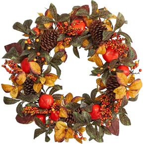Nearly Natural 26in. Autumn Persimmon and Pinecones Artificial Fall Wreath