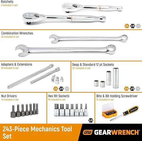 مجموعة أدوات ميكانيكا GEARWRENCH مكونة من 243 قطعة في صندوق تخزين مكون من 3 أدراج | 12 نقطة | 80972 in Saudi Arabia