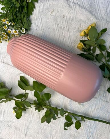 مزهرية وردية بطول 10 بوصة، مزهرية زهور سيراميك كبيرة لديكور المنزل من عشب بامباس ديكور منزلي مضلع حديث، فم واسع، الحد الأدنى، محكم، رائع، ممتع، قطع مركزية من الفخار فلوريرو - Meisitai in Saudi Arabia