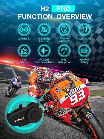 Moman Motorcycle Helmet Headset, H2Pro【1Pack Red】 Wireless Helmet Communication Voice Assistant Music Share FM IP65 Waterproof DSP&CVC Noise Cancellation, Motorbike-Wireless-Helmet-Intercom-Headset in Saudi Arabia