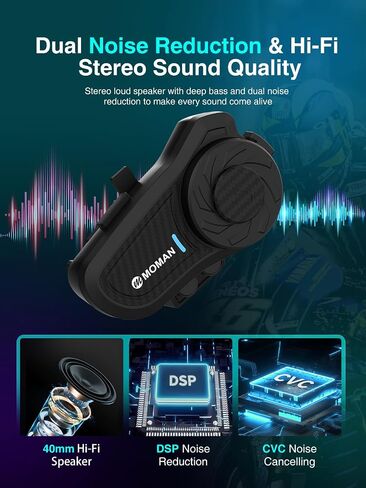 Moman Motorcycle Helmet Headset, H2Pro【1Pack Red】 Wireless Helmet Communication Voice Assistant Music Share FM IP65 Waterproof DSP&CVC Noise Cancellation, Motorbike-Wireless-Helmet-Intercom-Headset in Saudi Arabia