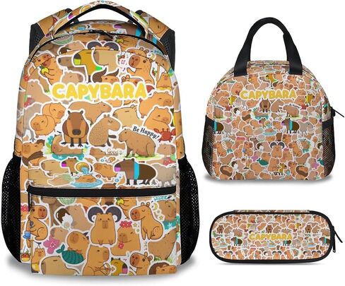 Capybara Kids Backpack with Lunch Box, Set of 3 School Backpacks Matching Combo, Cute Brown Bookbag and Pencil Case Bundle in Saudi Arabia