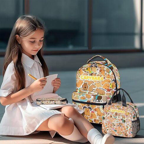 Capybara Kids Backpack with Lunch Box, Set of 3 School Backpacks Matching Combo, Cute Brown Bookbag and Pencil Case Bundle in Saudi Arabia