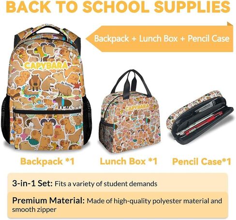 Capybara Kids Backpack with Lunch Box, Set of 3 School Backpacks Matching Combo, Cute Brown Bookbag and Pencil Case Bundle in Saudi Arabia