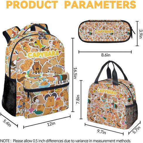 Capybara Kids Backpack with Lunch Box, Set of 3 School Backpacks Matching Combo, Cute Brown Bookbag and Pencil Case Bundle in Saudi Arabia