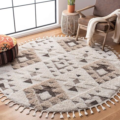 SAFAVIEH Moroccan Tassel Shag Collection Area Rug - 5'3" Round, Ivory & Brown, Boho Design, Non-Shedding & Easy Care, 2-inch Thick Ideal for High Traffic Areas in Living Room, Bedroom (MTS688A) in Saudi Arabia