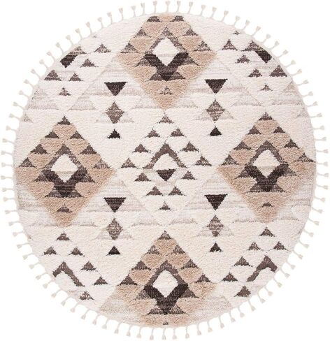 SAFAVIEH Moroccan Tassel Shag Collection Area Rug - 5'3" Round, Ivory & Brown, Boho Design, Non-Shedding & Easy Care, 2-inch Thick Ideal for High Traffic Areas in Living Room, Bedroom (MTS688A) in Saudi Arabia