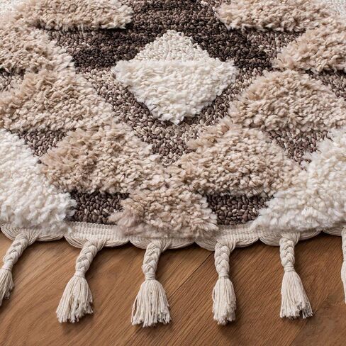 SAFAVIEH Moroccan Tassel Shag Collection Area Rug - 5'3" Round, Ivory & Brown, Boho Design, Non-Shedding & Easy Care, 2-inch Thick Ideal for High Traffic Areas in Living Room, Bedroom (MTS688A) in Saudi Arabia