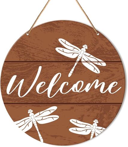 Muktoujaumai Welcome Sign Front Door Decor, Welcome Round Hanging Sign Decor Rustic Decorations Dragonfly Wall Wood Sign for Door, Porch, Home, Housewarming Gift for New House Friend Family in Saudi Arabia