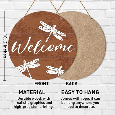 Muktoujaumai Welcome Sign Front Door Decor, Welcome Round Hanging Sign Decor Rustic Decorations Dragonfly Wall Wood Sign for Door, Porch, Home, Housewarming Gift for New House Friend Family in Saudi Arabia