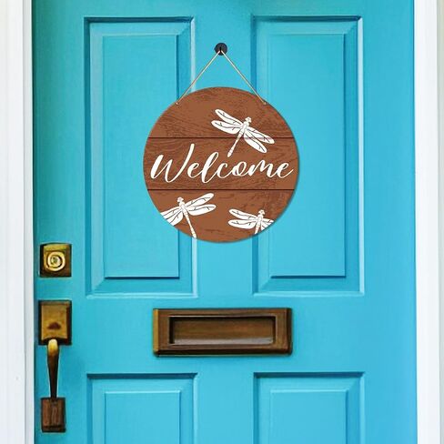 Muktoujaumai Welcome Sign Front Door Decor, Welcome Round Hanging Sign Decor Rustic Decorations Dragonfly Wall Wood Sign for Door, Porch, Home, Housewarming Gift for New House Friend Family in Saudi Arabia